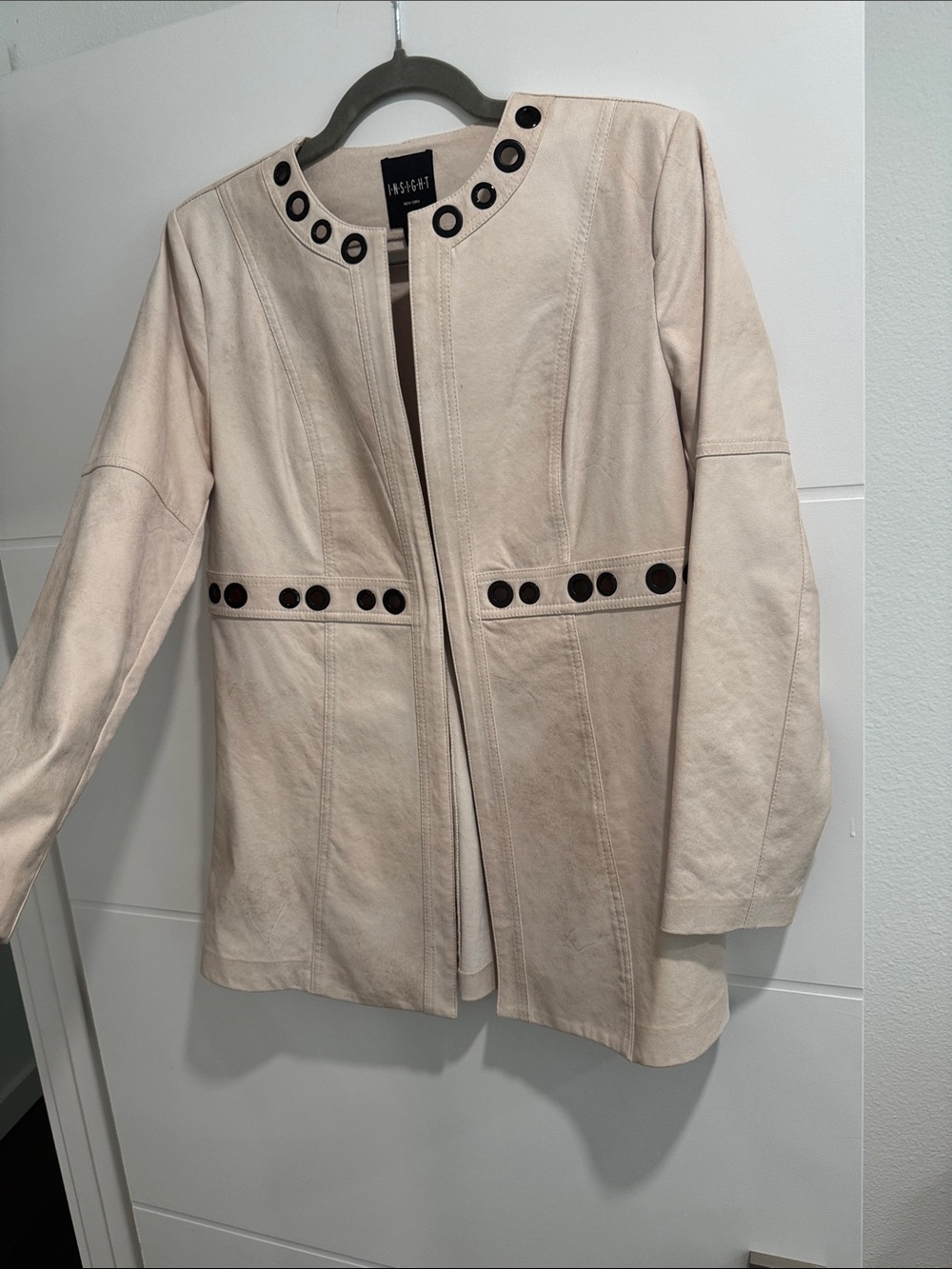 Windsor Suede Cream Open-Front Jacket with Black Grommet Accents